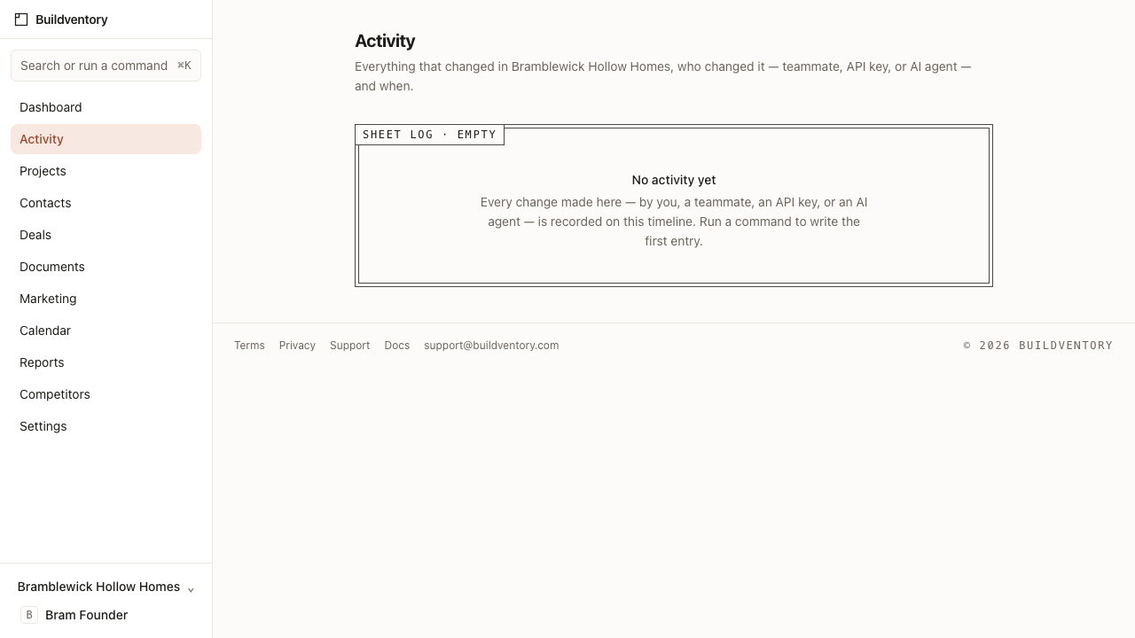 The Buildventory activity timeline showing each change labeled with its actor — a person, an API key, or an AI agent.