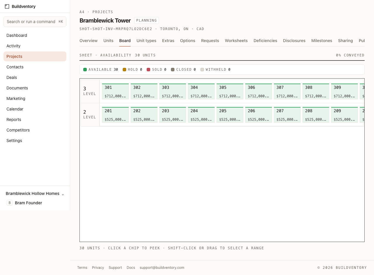 The Buildventory availability board showing units arranged by floor, color-coded by status.