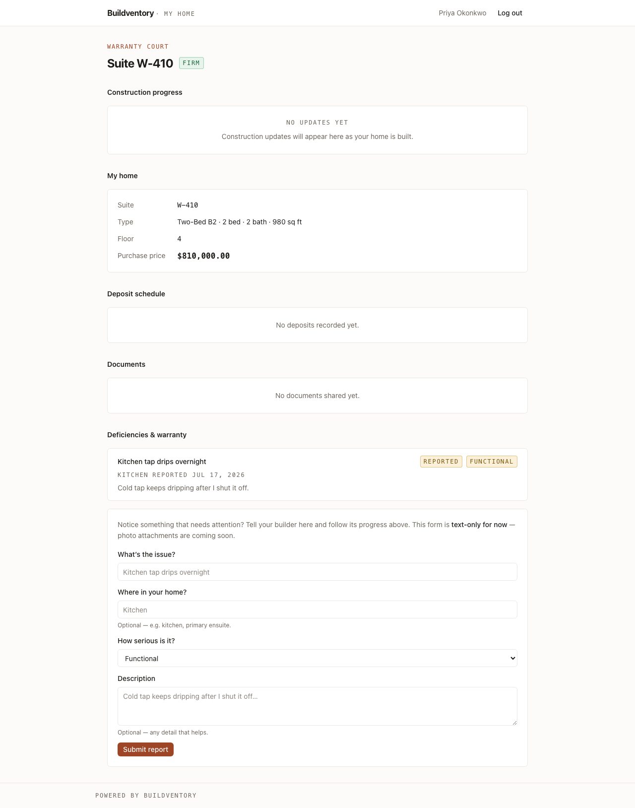 The Buildventory buyer portal deficiencies section where a buyer reports an issue and tracks its status.