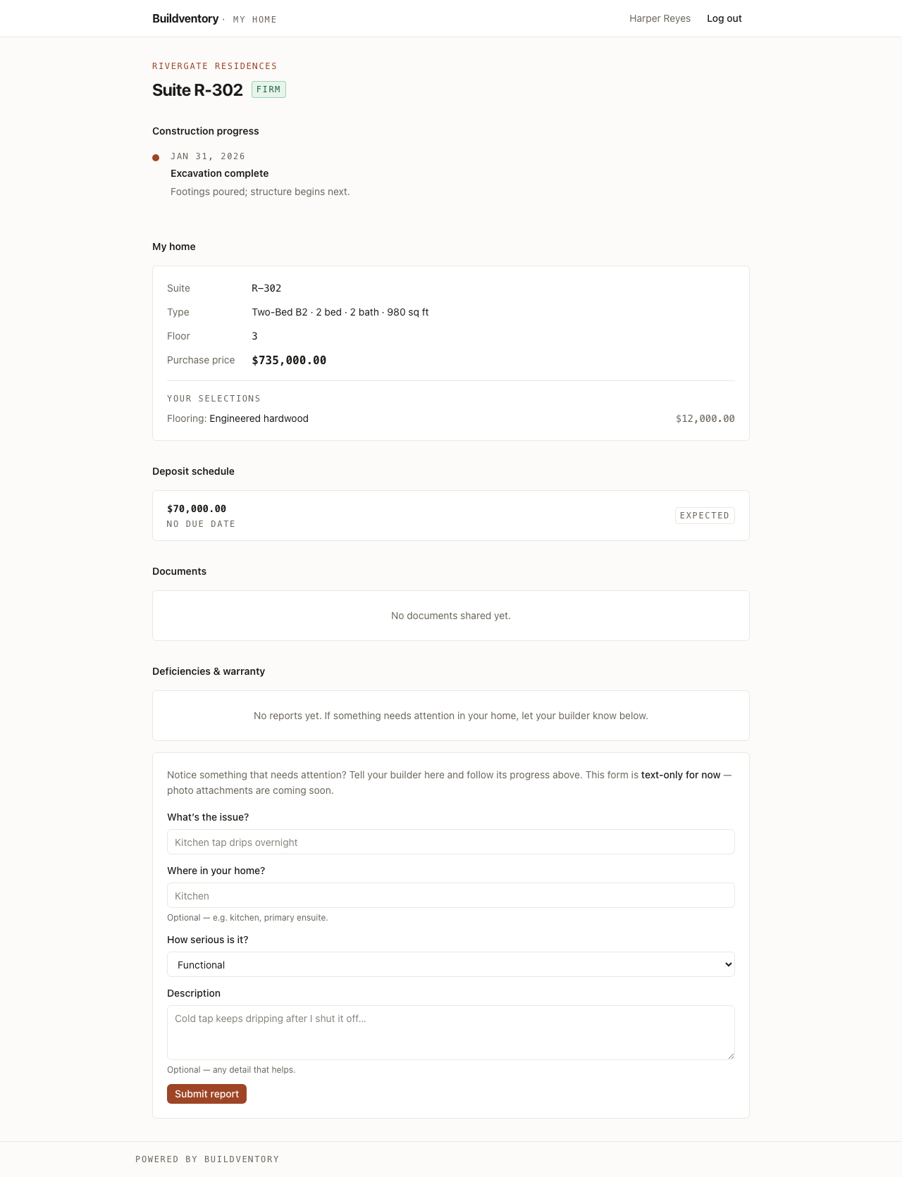 The Buildventory buyer portal showing construction milestones, the buyer’s home and options, and their deposit schedule.