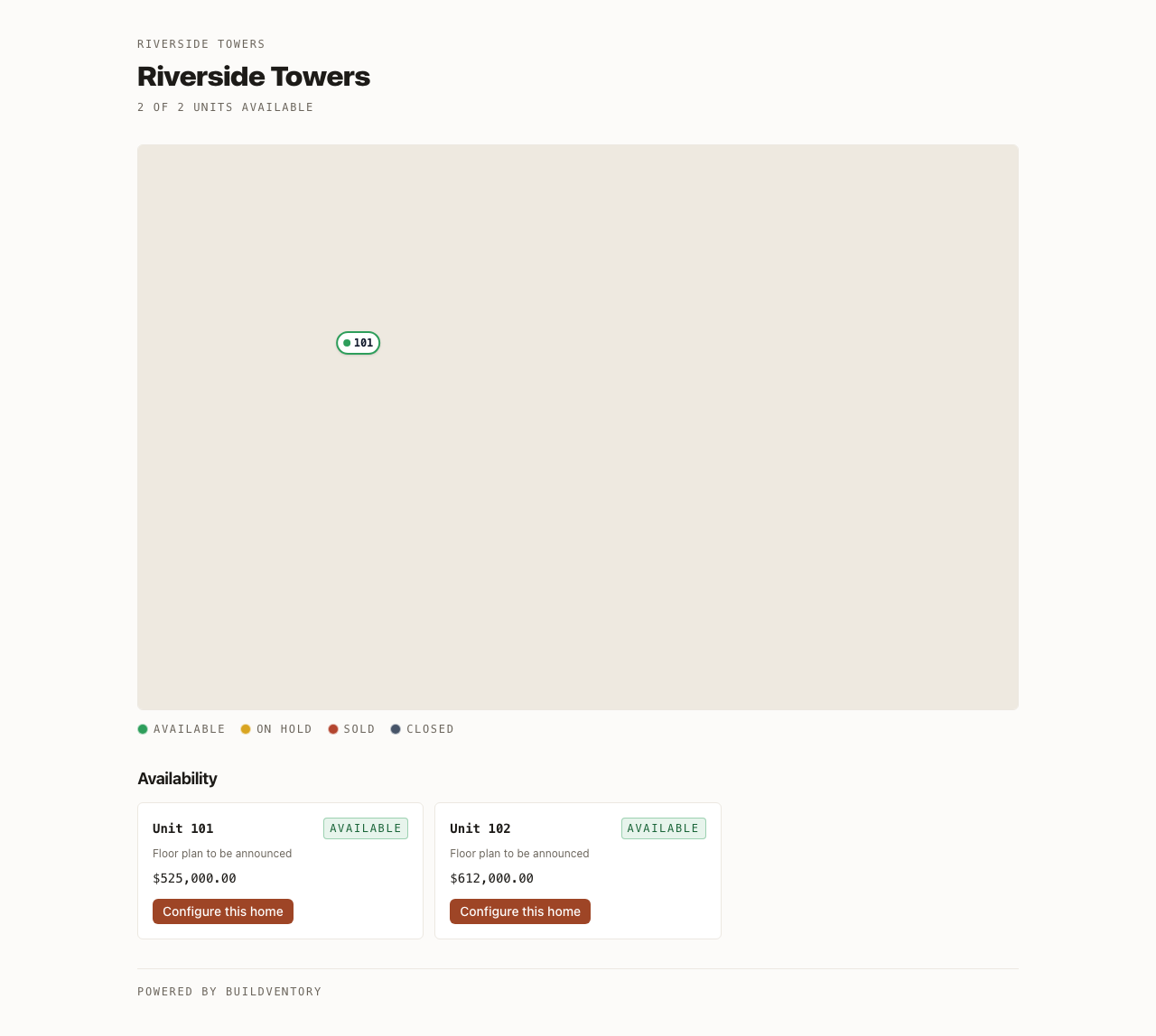 A public Buildventory buyer-facing site showing available units and pricing for a project.