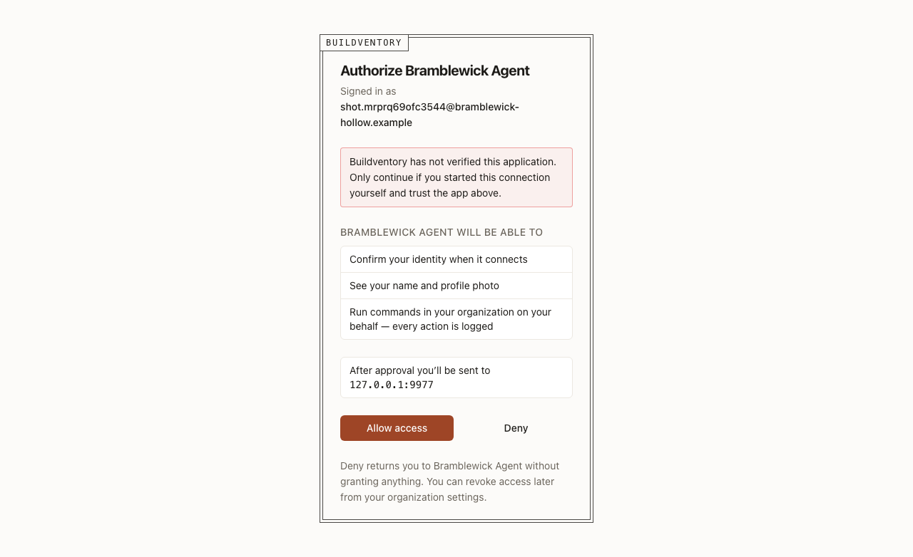 The Buildventory OAuth consent screen granting an AI client scoped access to run commands.
