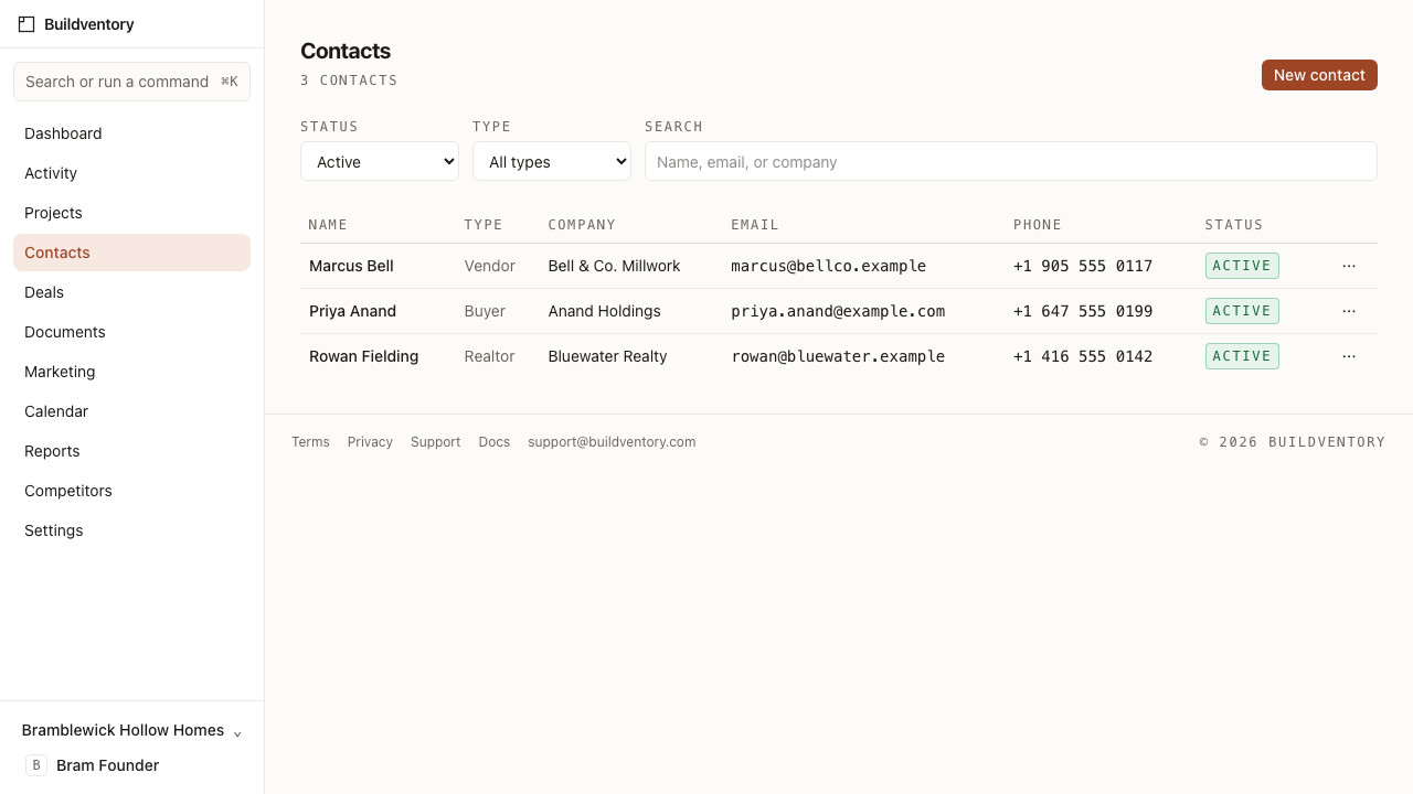The Buildventory contacts list showing buyers, realtors, and vendors with their details.