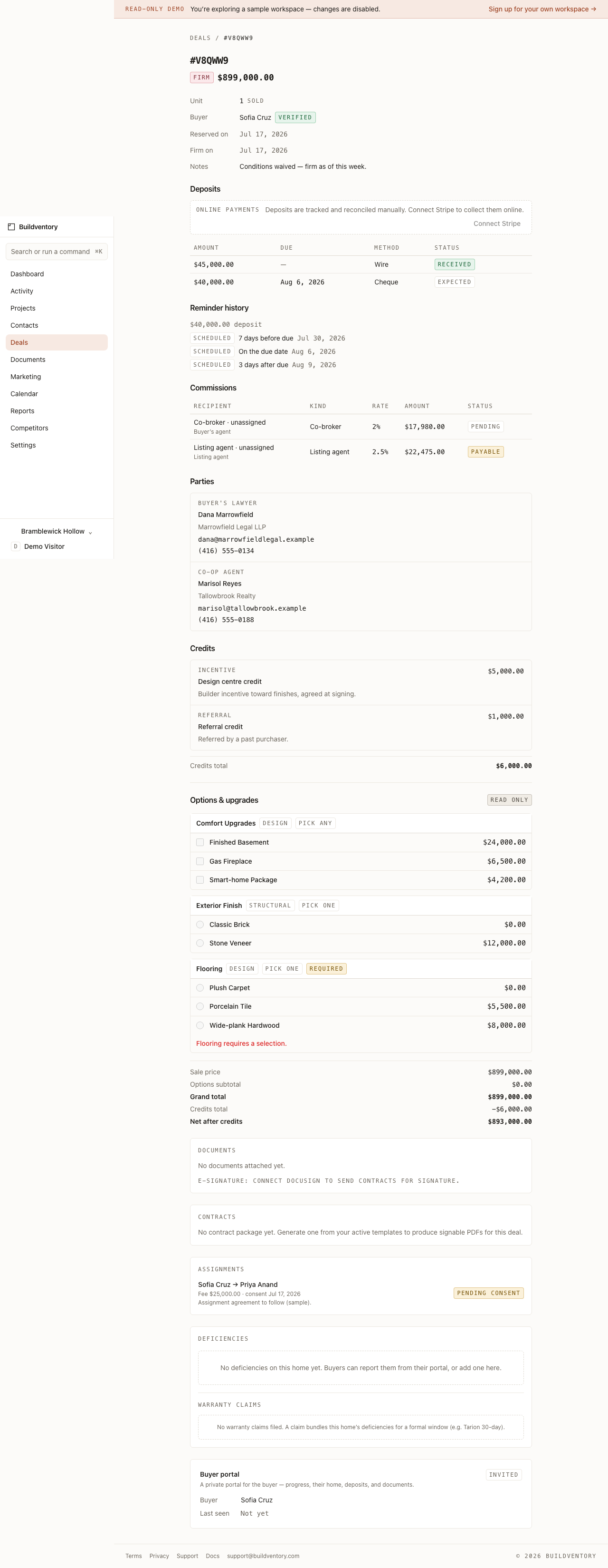A Buildventory deal page showing the commissions section with recipients, rates, amounts, and payable statuses.