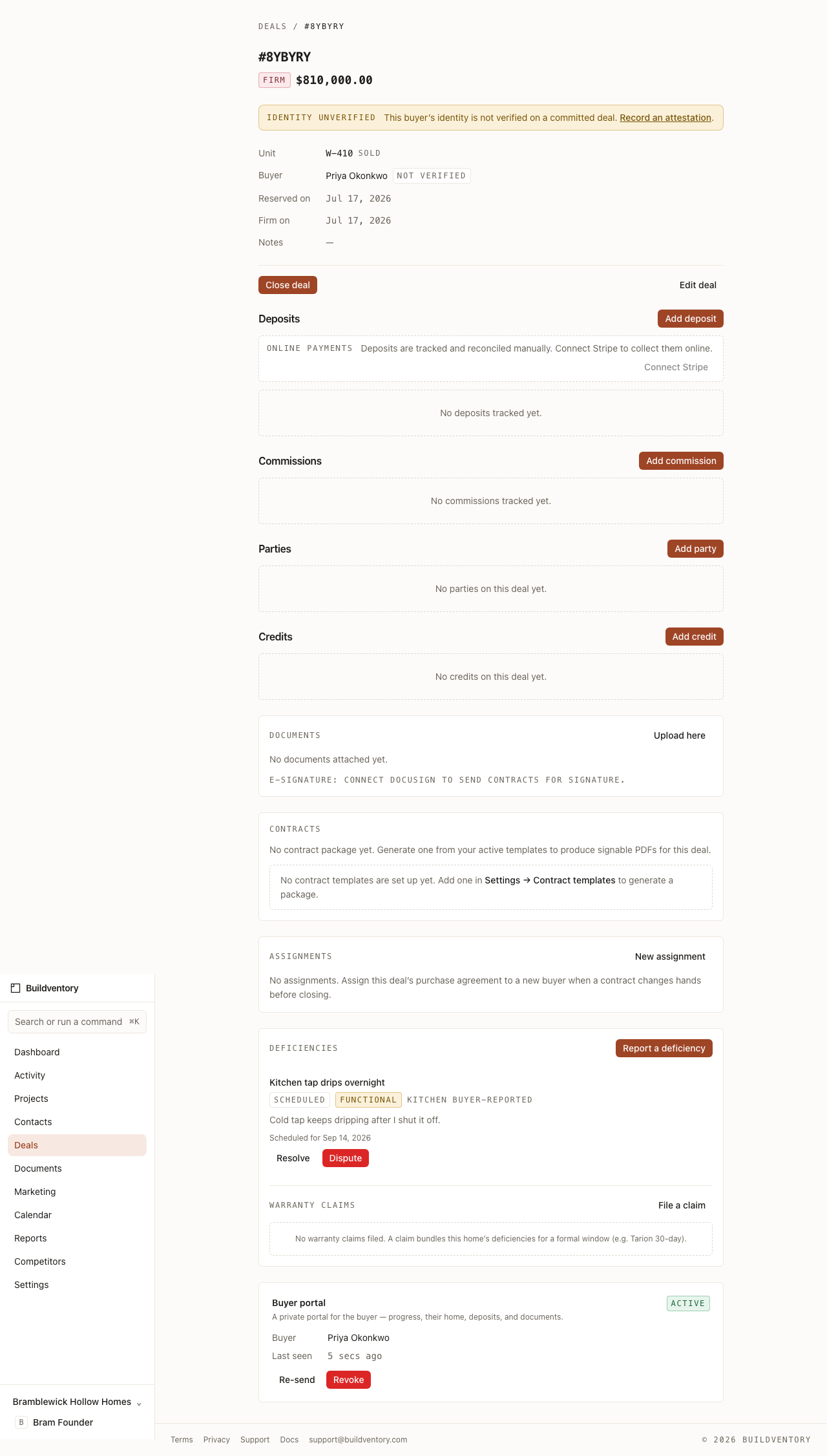 The Buildventory staff deficiency queue on a deal, showing reported, scheduled, and resolved items with a warranty claim.