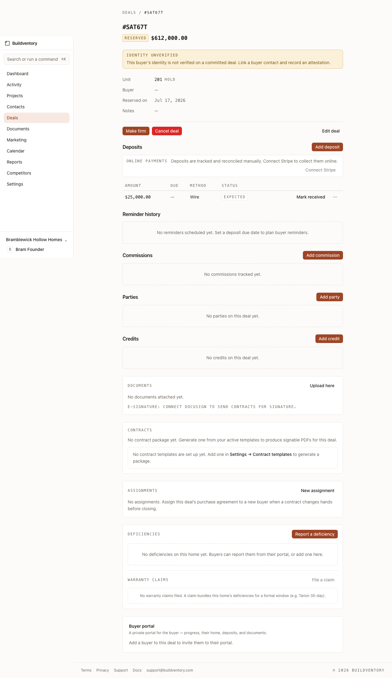 A Buildventory deal detail page showing the buyer, the linked unit, deposit tracking, and the deal status pipeline.
