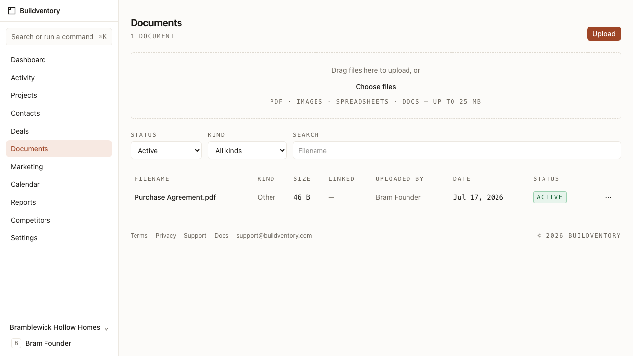 The Buildventory documents view showing files uploaded and organized against a project.