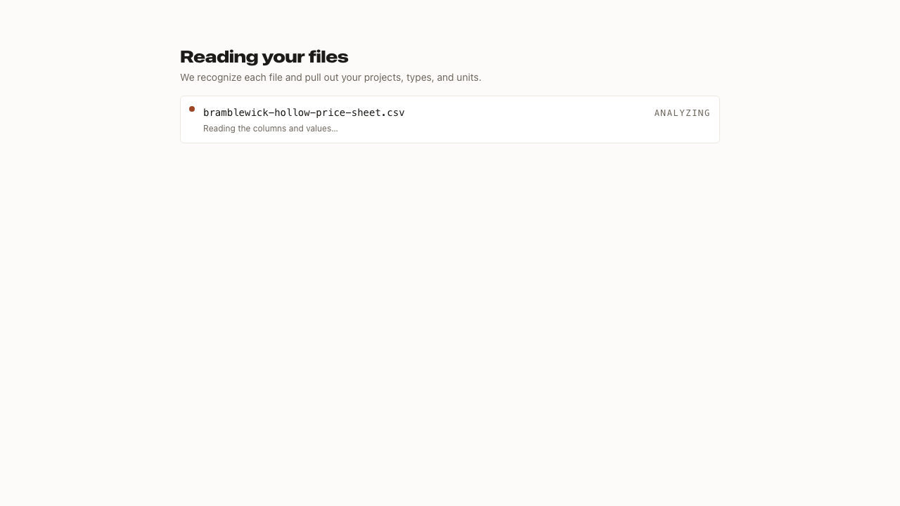 The Buildventory onboarding screen recognizing units, prices, and statuses read from an uploaded spreadsheet.