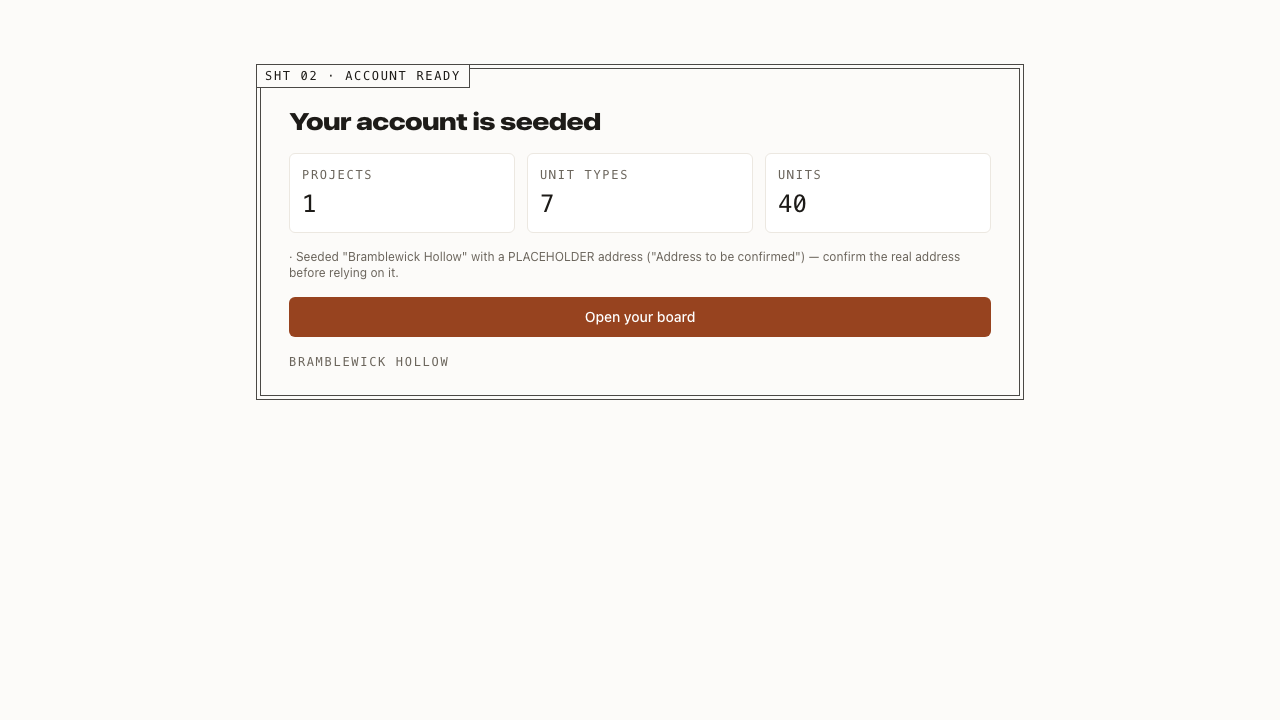 The onboarding confirmation showing units, unit types, and pricing seeded into a new Buildventory account.
