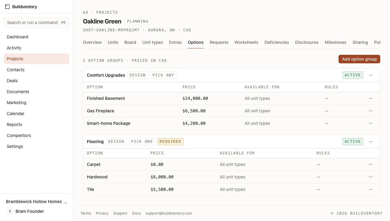 The Buildventory options catalog where staff author option groups, prices, and availability rules for a project.