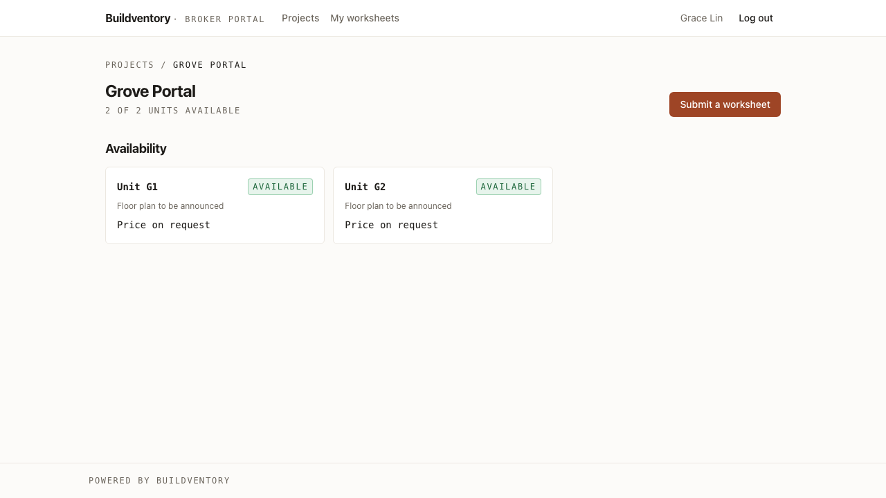 The Buildventory broker portal showing live unit availability shared with a realtor, with pricing hidden per the sharing settings.