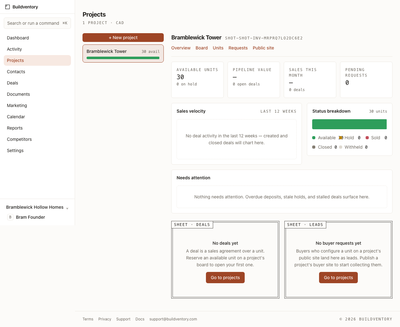 The Buildventory projects page showing a project switcher beside a per-project dashboard.