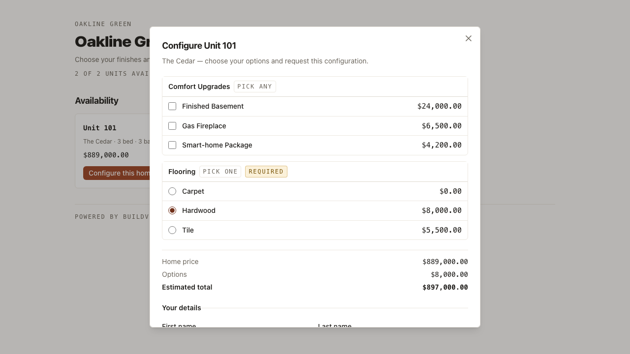 The Buildventory public buyer configurator showing selectable home options with a live running total.