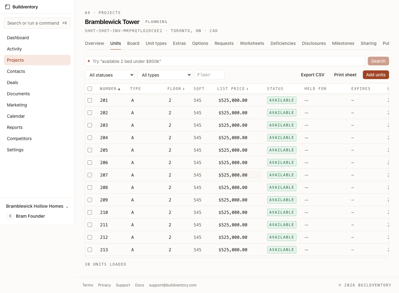 The Buildventory units table listing lot numbers, models, prices, and statuses in a dense grid.