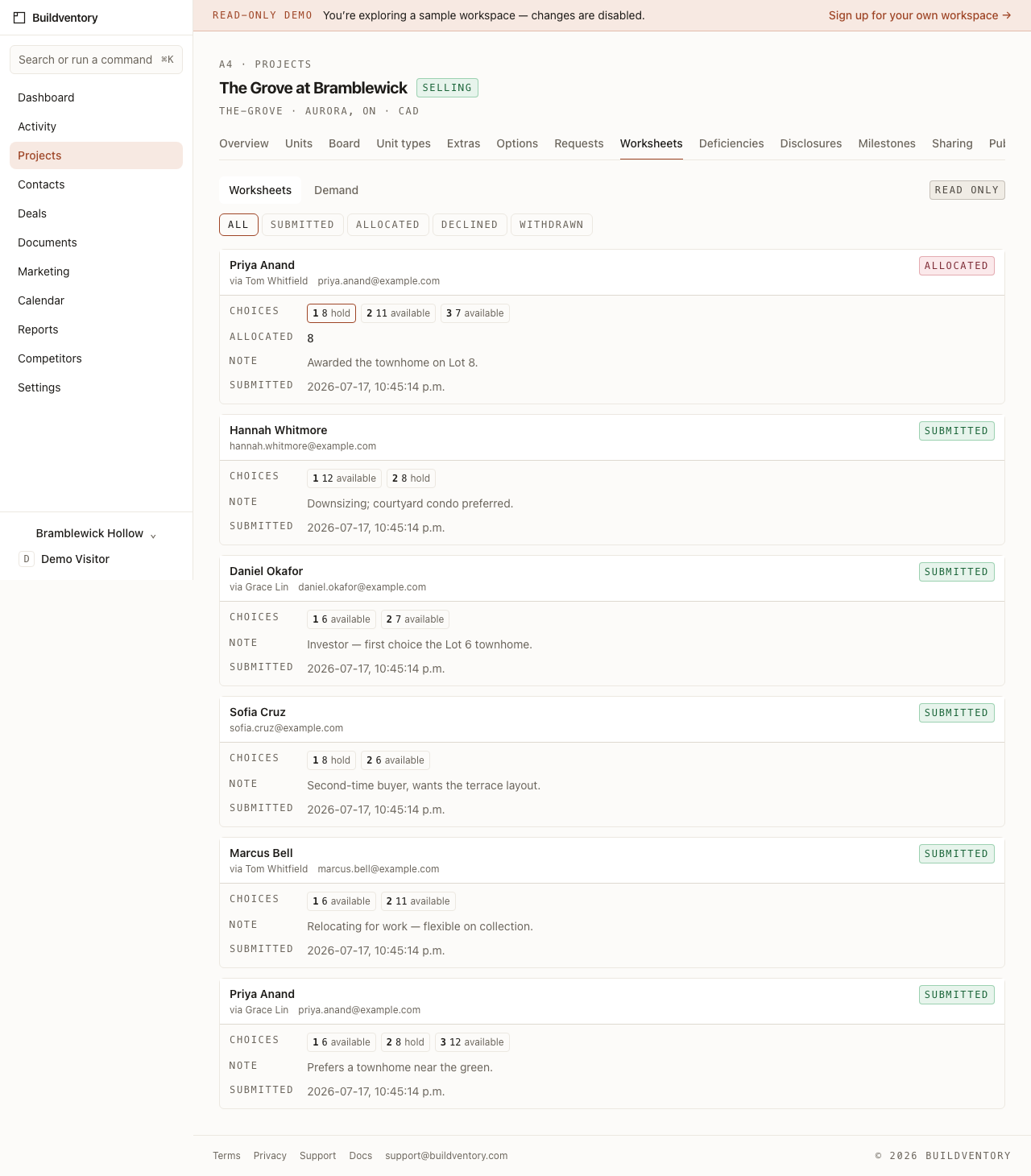 The Buildventory worksheets tab showing submitted expressions of interest with ranked unit choices and statuses.